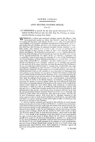 Lower Canada. Anno secundo Victoriae Regina, cap. 27. An ordinance to provide for the more speedy attainder of persons indicated for high treason who (...)