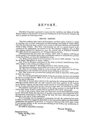 Report of the Select Committee on the Affairs of the Six Nation Indians, in Brant and Haldimand. Printed by order of Parliament.