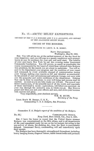 No. 17.-- Arctic relief expeditions. Cruises of the U.S.S. Rodgers and U.S.S. Alliance, and report of the Jeannette Relief Board. Cruise of the Rodgers...