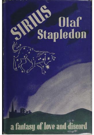 Book cover: Colourful printed flap cover of a dog-shaped constellation above a blue sky and a f ...
