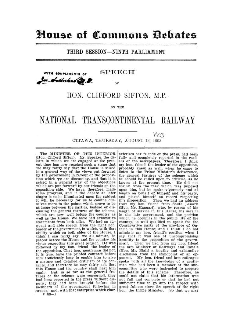 Speech of Hon. Clifford Sifton, M.P. on the National Transcontinental Railway, Ottawa, Thursday, August 13, 1903