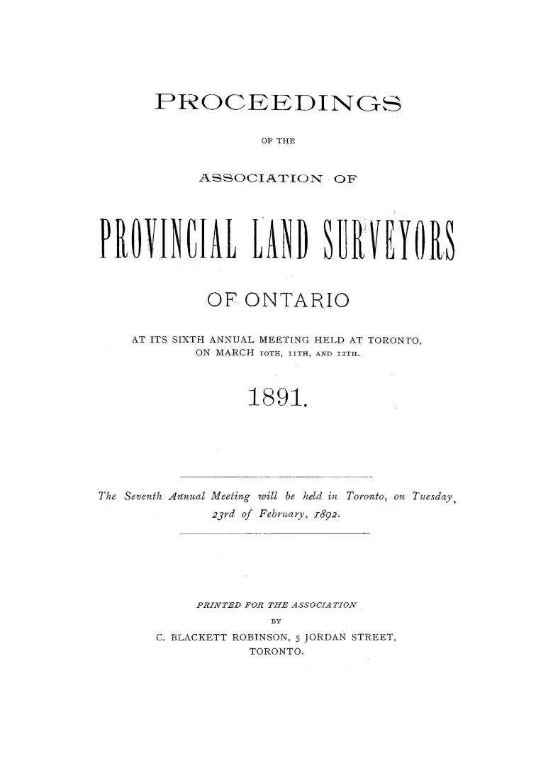 Proceedings of the Association of Provincial Land Surveyors of Ontario