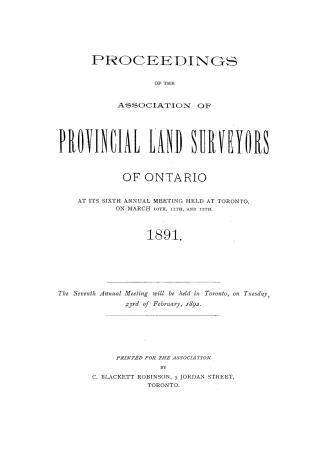 Proceedings of the Association of Provincial Land Surveyors of Ontario