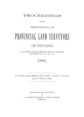 Proceedings of the Association of Provincial Land Surveyors of Ontario