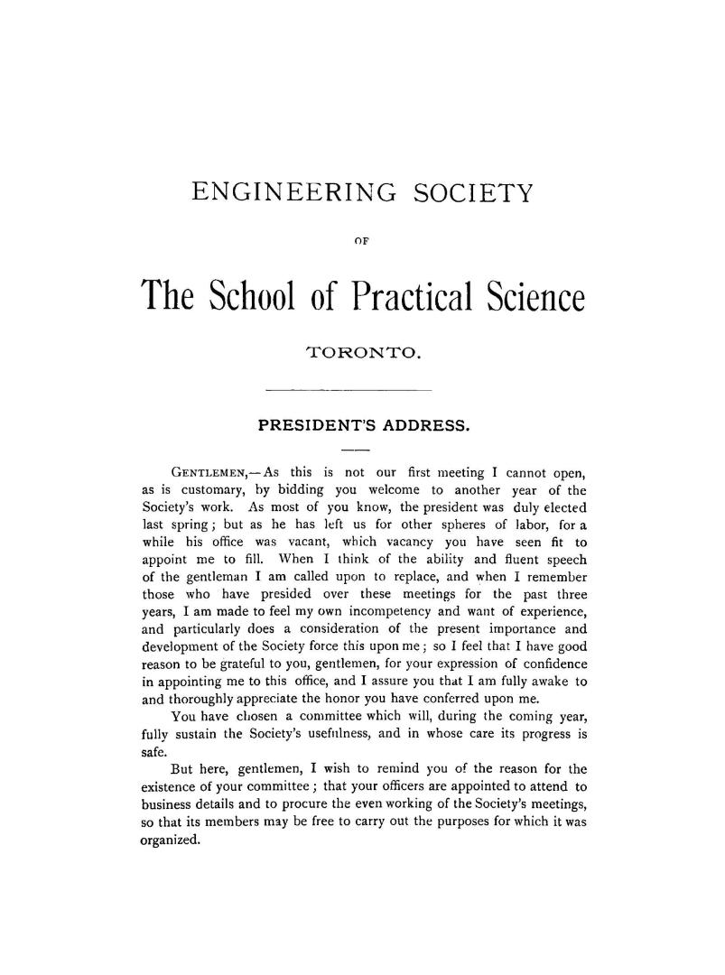 Engineering Society of the School of Practical Science Toronto: president's address 1892