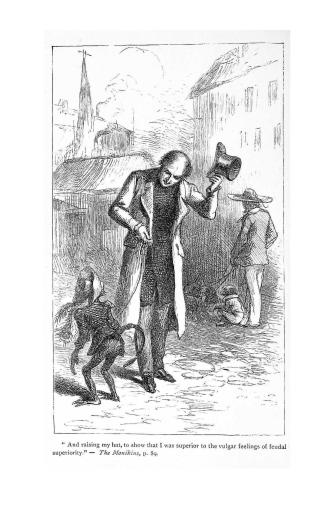 Black and white illustration of a man raising his hat to greet a monkey in human clothes.