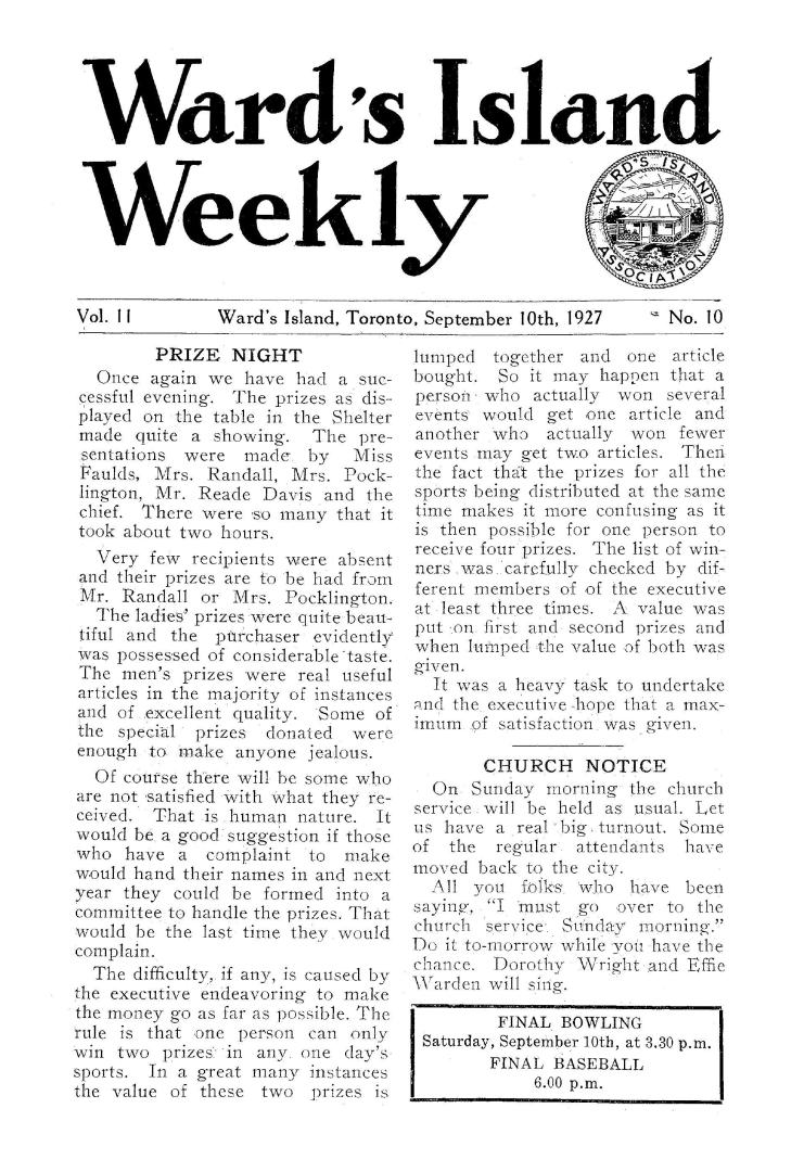 Ward's Island weekly, 1927-09-10