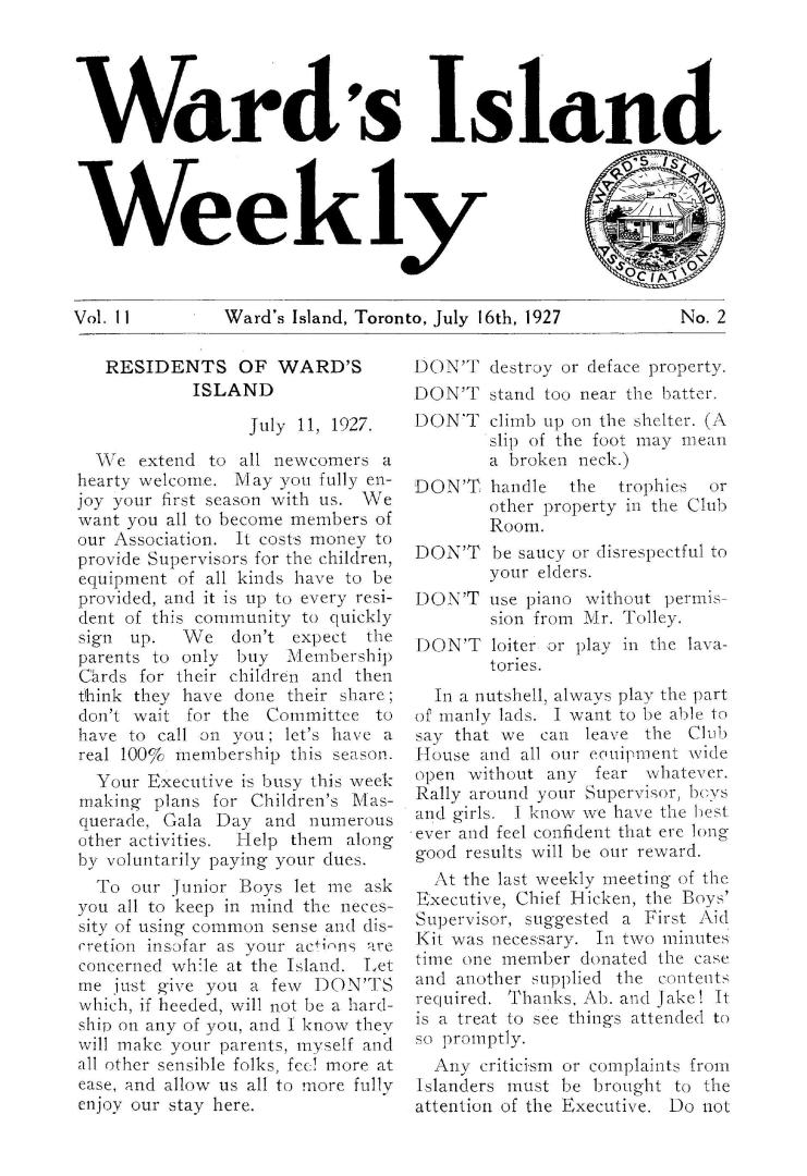 Ward's Island weekly, 1927-07-16