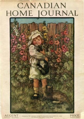 Magazine cover: A watercolour illustration of a young child in short pants, a bonnet and mary-j ...