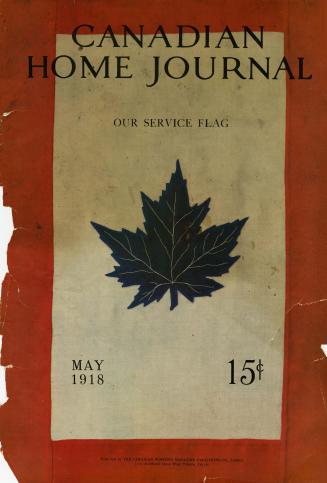Magazine cover: A black illustrated maple leaf in the centre of a field of white, surrounded by ...