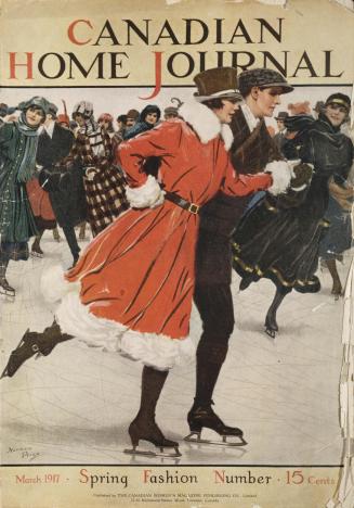 Magazine cover: A painting of many smiling people skating, the women in long dresses. In the fo ...