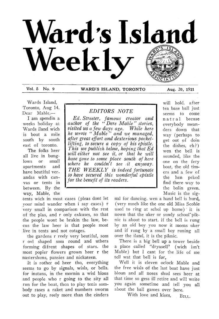 Ward's Island weekly, 1921-08-20