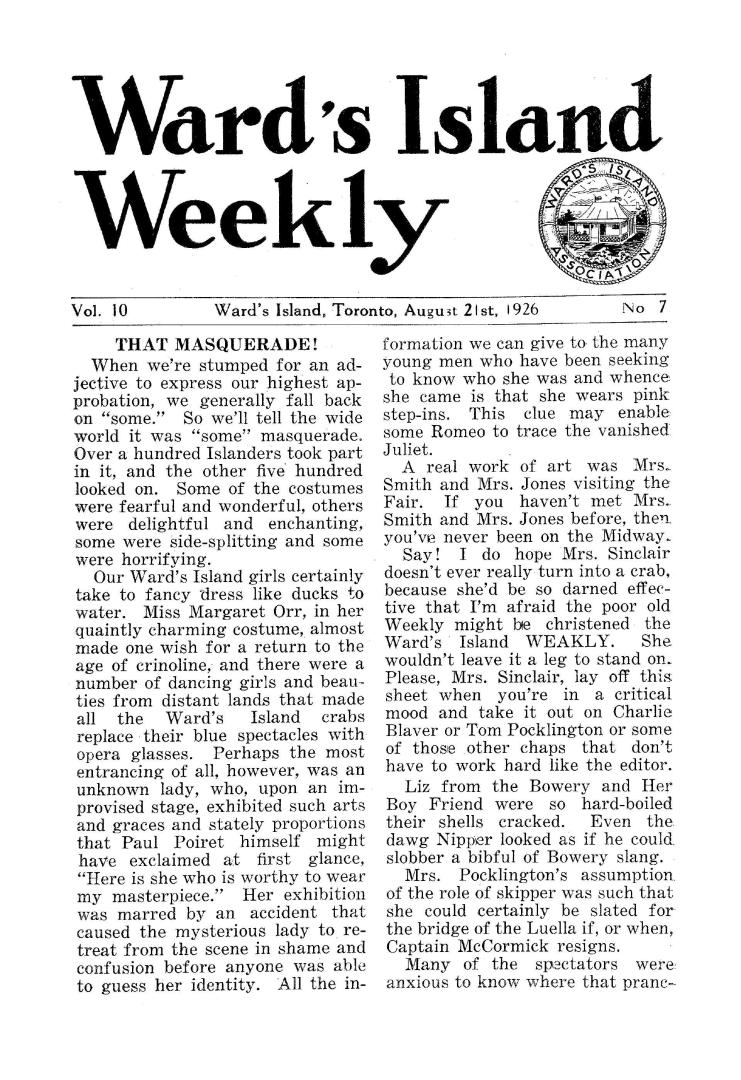Ward's Island weekly, 1926-08-21