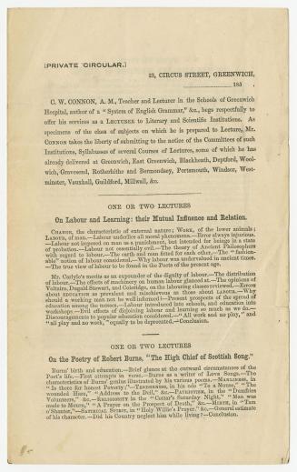[Private circular] C.W. Connon, A.M., teacher and lecturer in the schools of Greenwich Hospital, ... begs respectfully to offer his services as a lecturer to literary and scientific institutions