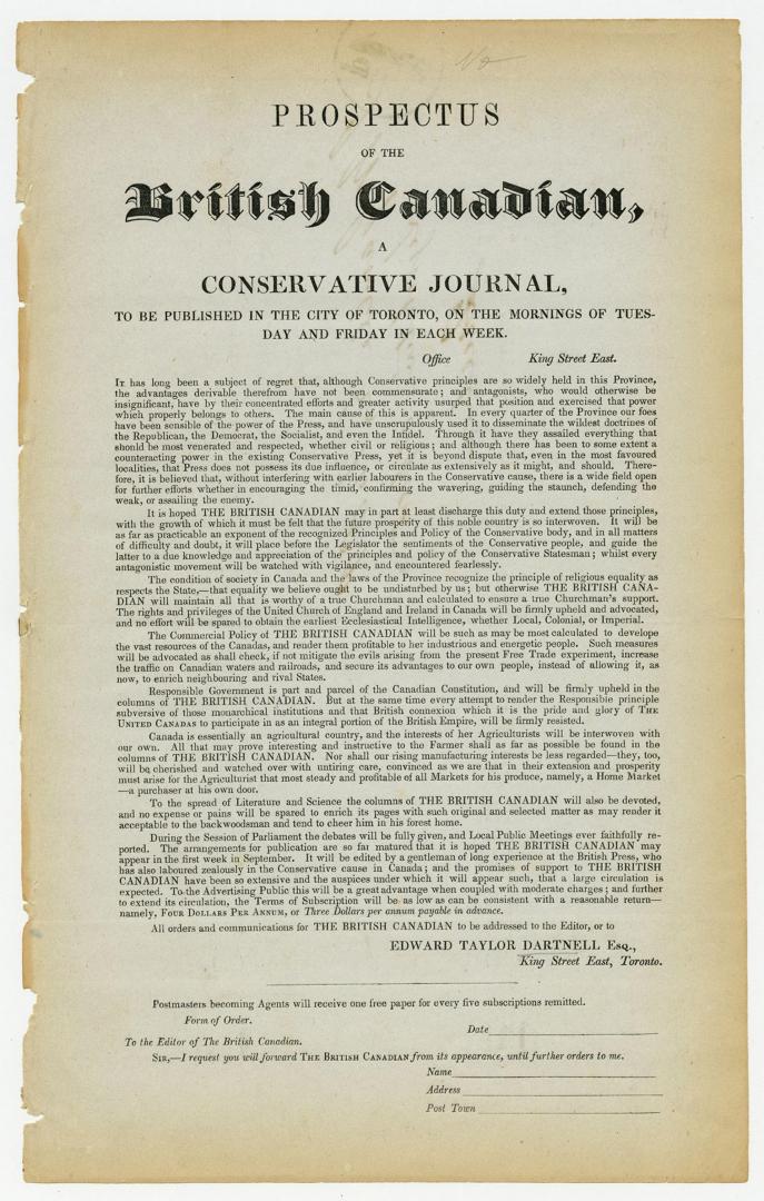 Prospectus of the British Canadian, a conservative journal, to be published in the city of Toronto, on the mornings of Tuesday and Friday in each week