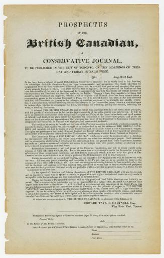 Prospectus of the British Canadian, a conservative journal, to be published in the city of Toronto, on the mornings of Tuesday and Friday in each week