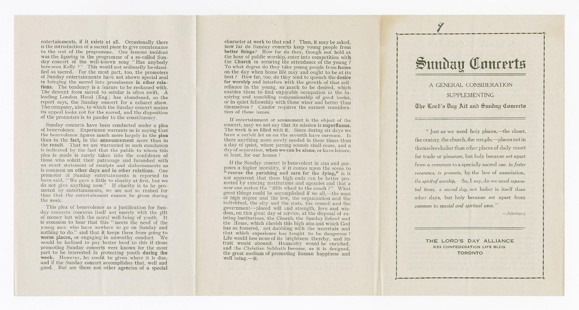 Sunday concerts : a general consideration supplementing the Lord's Day Act and Sunday concerts