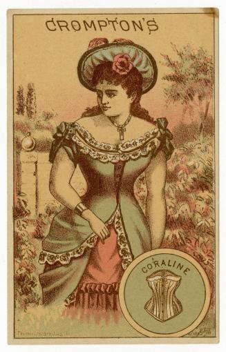 Illustration of a woman standing in a garden wearing a fancy dress with lace trimming and bows  ...