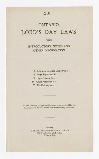 Ontario Lord's Day laws with introductory notes and other information