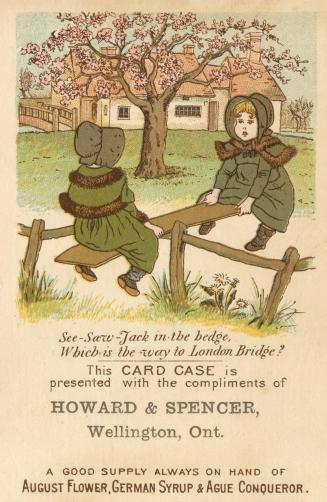 Illustration of two girls on a see-saw. They are wearing matching green coats and bonnets. The  ...