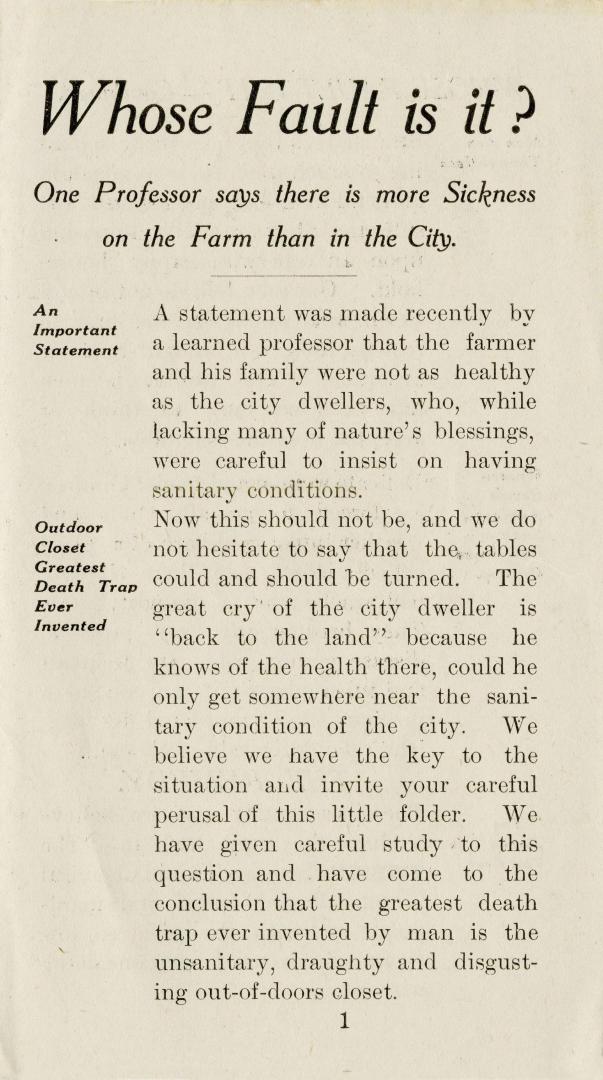''The Tweed'' sanitary liquid chemical closet, awarded diploma at Ottawa Exhibition 1911