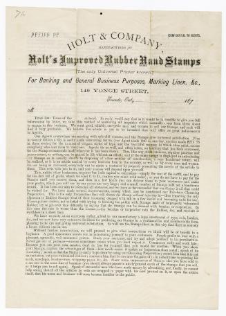 [Form letter] Office of Holt & Company, manufacturers of Holt's Improved Rubber Hand Stamps