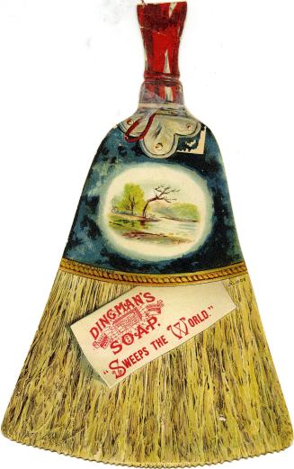 Card is shaped and illustrated to represent a hand broom. On the top part of the broom is an il ...