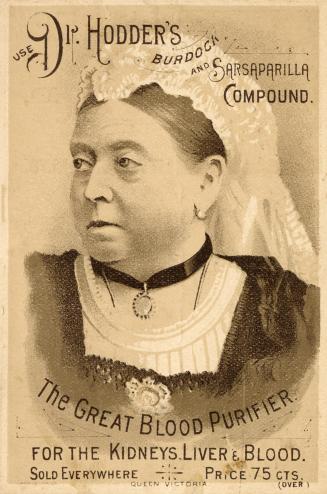 Illustration of side profile of Queen Victoria. She has a serious look on her face and is weari ...