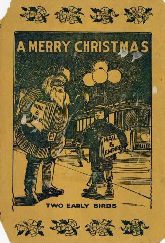 Illustration of a boy talking to Santa Clause at night in front of a streetcar and streetlamp.  ...