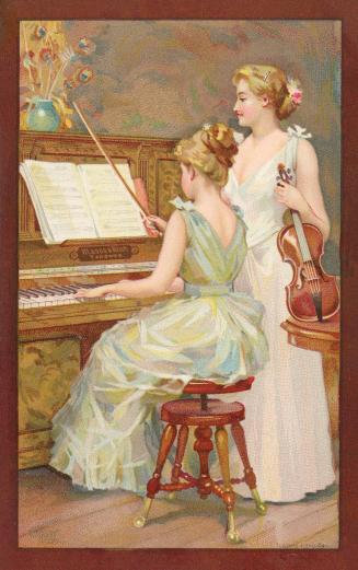 Illustration of two young women elegantly dressed in long flowing sleeveless dresses with bows  ...