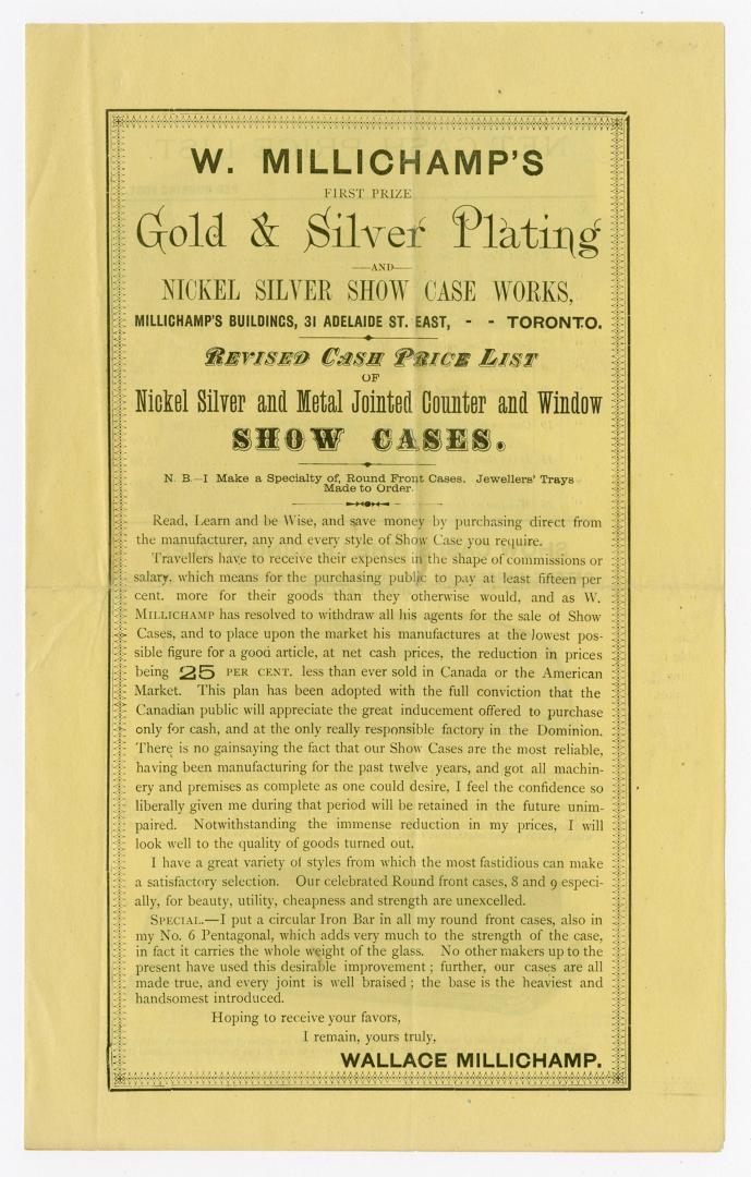 W. Millichamp's first prize gold and silver plating and nickel silver show case works, Millichamp's buildings, 31 Adelaide St. East, Toronto