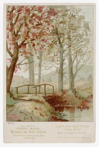 Lovely illustration of Fall trees by a body of water with a wooden foot bridge spanned over it. ...