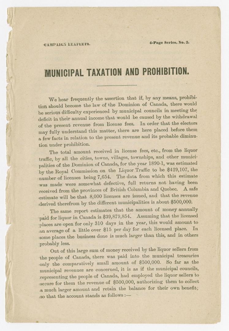 Campaign leaflets : municipal taxation and prohibition