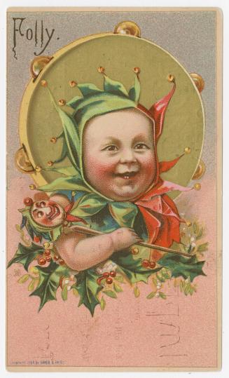 Illustration of a baby in a jester's outfit holding a mace with a jester's face on the end. An  ...