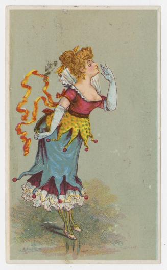 Illustration of a woman in a colourful dress that resembles a jester's outfit with bells attach ...