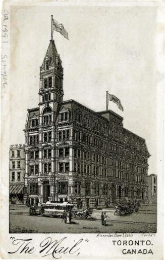 Illustration of the exterior of the Globe Newspaper building with people walking on the street, ...