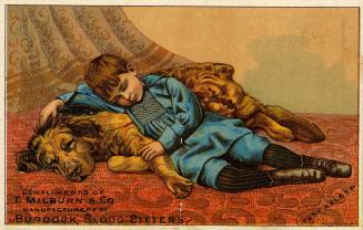Illustration of a young boy and his Golden Retriever dog; they are cuddled together and fast as ...