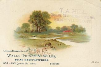 Illustration of a scene with a stream surrounded by grass, trees and rocks. A small red house c ...