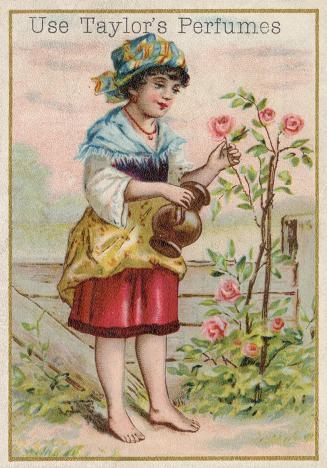 Illustration of a woman wearing Romani or Bohemian style clothing standing barefoot in a rose g ...