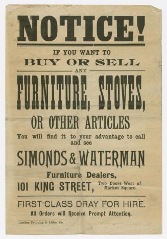 Notice! : if you want to buy or sell any furniture, stoves or other articles you will find it to your advantage to call and see Simonds & Waterman furniture dealers