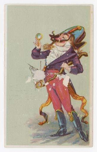 Illustration of a man with a long handlebar mustache dressed in a Napoleonic style military sui ...