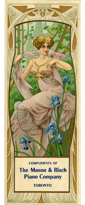Art Nouveau style illustration of a women in a strapless, long, pink flowing dress with matchin ...