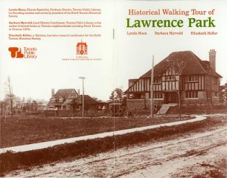 Image reads &quot;Historical walking tour of Lawrence Park&quot;. It shows a few houses and a c ...