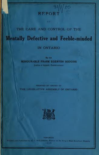 Royal Commission on The Care and Control of the Mentally Defective and Feeble-minded in Ontario