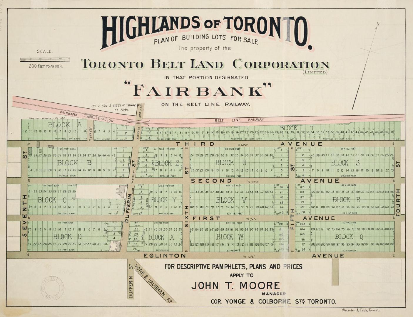 Highlands of Toronto plan of building lots for sale the property of the Toronto Belt Land Corporation in that portion designated ''Fairbank'' on the Belt Line Railway.