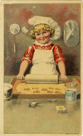 A girl with rosy cheeks and blond ringlets wearing a red blouse with a white ruffled collar, a  ...