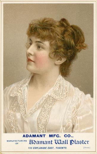 Side profile of a woman wearing a white silk and lace blouse. She had brown hair that is pinned ...