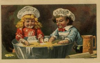 Illustration of a boy and a girl wearing chef hats. They are mixing batter with their hands in  ...