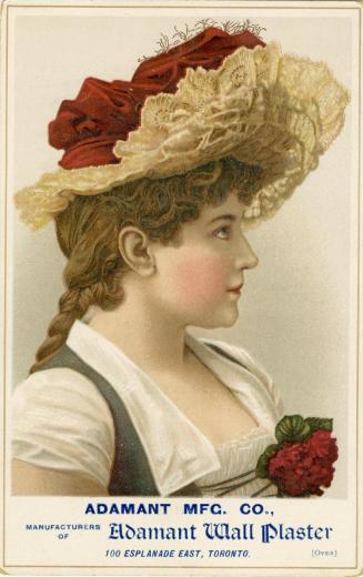 Side profile of a woman wearing a dress with a rose affixed to the front and a large fancy hat  ...