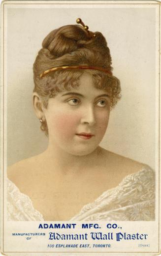 A woman wearing a lacey white dress with a wide neck opening. Her brown hair is pinned up into  ...